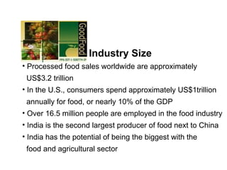 Industry Size
• Processed food sales worldwide are approximately
US$3.2 trillion
• In the U.S., consumers spend approximately US$1trillion
annually for food, or nearly 10% of the GDP
• Over 16.5 million people are employed in the food industry
• India is the second largest producer of food next to China
• India has the potential of being the biggest with the
food and agricultural sector
 