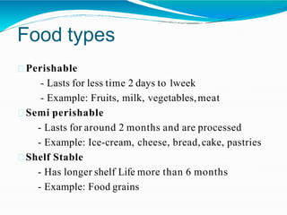Food types
Perishable
- Lasts for less time 2 days to 1week
- Example: Fruits, milk, vegetables,meat
Semi perishable
- Lasts for around 2 months and are processed
- Example: Ice-cream, cheese, bread,cake, pastries
Shelf Stable
- Has longer shelf Life more than 6 months
- Example: Food grains
 