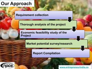 Our Approach
Requirement collection
Thorough analysis of the project
Economic feasibility study of the
Project
Market potential survey/research
Report Compilation
www.entrepreneurindia.co
 