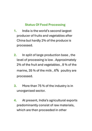 Status and introduction of food processing in india. | PDF