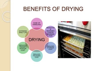 BENEFITS OF DRYING
DRYING
EASE OF
HANDLING
REDUCTIO
N
MICROBIO
LOGICAL
DEGRADA
TION
REDUCED
STORAGE
COST
REDUCED
PACAGING
COST
REDUCED
TRANSPO
RTATION
COST
EXTENDED
SHELF LIFE
 