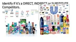 Identify if it’s a DIRECT, INDIRECT or SUBSTITUTE
Competitors.
12.
 