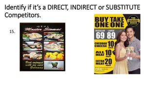 Identify if it’s a DIRECT, INDIRECT or SUBSTITUTE
Competitors.
15.
 