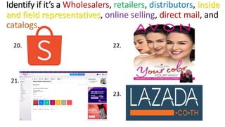 Identify if it’s a Wholesalers, retailers, distributors, inside
and field representatives, online selling, direct mail, and
catalogs.
20.
21.
22.
23.
 