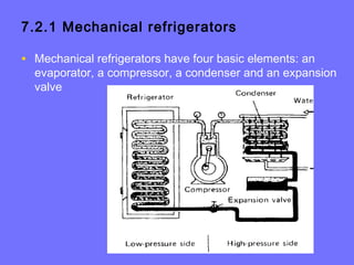 7.2.1 Mechanical refrigerators
• Mechanical refrigerators have four basic elements: an
evaporator, a compressor, a condenser and an expansion
valve
 