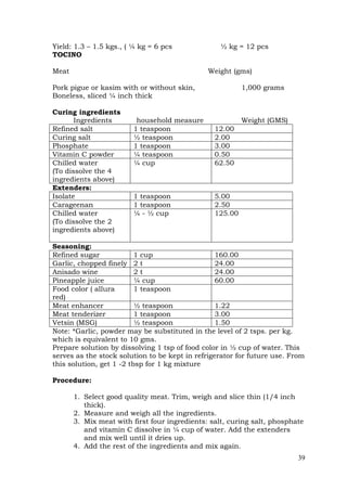 39
Yield: 1.3 – 1.5 kgs., ( ¼ kg = 6 pcs ½ kg = 12 pcs
TOCINO
Meat Weight (gms)
Pork pigue or kasim with or without skin, 1,000 grams
Boneless, sliced ¼ inch thick
Curing ingredients
Ingredients household measure Weight (GMS)
Refined salt 1 teaspoon 12.00
Curing salt ½ teaspoon 2.00
Phosphate 1 teaspoon 3.00
Vitamin C powder ¼ teaspoon 0.50
Chilled water
(To dissolve the 4
ingredients above)
¼ cup 62.50
Extenders:
Isolate 1 teaspoon 5.00
Carageenan 1 teaspoon 2.50
Chilled water
(To dissolve the 2
ingredients above)
¼ - ½ cup 125.00
Seasoning:
Refined sugar 1 cup 160.00
Garlic, chopped finely 2 t 24.00
Anisado wine 2 t 24.00
Pineapple juice ¼ cup 60.00
Food color ( allura
red)
1 teaspoon
Meat enhancer ½ teaspoon 1.22
Meat tenderizer 1 teaspoon 3.00
Vetsin (MSG) ½ teaspoon 1.50
Note: *Garlic, powder may be substituted in the level of 2 tsps. per kg.
which is equivalent to 10 gms.
Prepare solution by dissolving 1 tsp of food color in ½ cup of water. This
serves as the stock solution to be kept in refrigerator for future use. From
this solution, get 1 -2 tbsp for 1 kg mixture
Procedure:
1. Select good quality meat. Trim, weigh and slice thin (1/4 inch
thick).
2. Measure and weigh all the ingredients.
3. Mix meat with first four ingredients: salt, curing salt, phosphate
and vitamin C dissolve in ¼ cup of water. Add the extenders
and mix well until it dries up.
4. Add the rest of the ingredients and mix again.
 