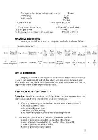 53
Transportation (from residence to market) P8.00
Packaging 5.00
Misc (soap) P1.00
P14.00
C. Cost of A & B Total cost= P197.50
II . Number of pieces (links) – 25pcs (45 g per links)
III. Cost per piece P7.90
IV. Selling price per link (15% mark-up) P9.085 or P9.10
FINANCIAL RECORDING
A sample record for a product prepared and sold is shown below:
COST OF PRODUCT LESS
Date
Name of
Product
Ingredients
Operating
Expenses
Total
No.
of
yields
Unit
cost per
piece
Selling
Price
No. of
Serving
s sold
Total
Sales
Cost of
Product
Left-
overs
Net
Profit
06-
08-08
Native
longanisa
P 183.50 P 14.00
P197
.50
25pcs P 7.90
P 9.10
per piece
25pcs
P
227.5
0
P197.50 0
P
30.0
0
LET US REMEMBER:
Keeping a record of the expenses and income helps the seller keep
track of the business. It will tell her when she has spent the most and
why; when she has made brisk business and why; and where she has to
improve in terms of the expenses and sales.
HOW MUCH HAVE YOU LEARNED?
Direction: Read the questions carefully. Select the best answer from the
four choices and write the letter in your test notebook.
1. Why is it necessary to determine the unit cost of the product?
a. to have plenty of sales
b. to obtain the unit cost
c. to have profit in selling
d. to know the price at which one sells her product
2. How will you determine the unit cost of certain product?
a. cost of production divided by number of servings
b. cost of production divided by number of serving sold
c. cost of production minus sales
d. cost of production plus profit
 
