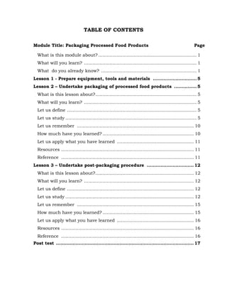 21
TABLE OF CONTENTS
Module Title: Packaging Processed Food Products Page
What is this module about? ..................................................................... 1
What will you learn? ............................................................................... 1
What do you already know? ................................................................... 1
Lesson 1 - Prepare equipment, tools and materials .............................5
Lesson 2 – Undertake packaging of processed food products ...............5
What is this lesson about?....................................................................... 5
What will you learn? ............................................................................... 5
Let us define ........................................................................................... 5
Let us study ............................................................................................ 5
Let us remember .................................................................................. 10
How much have you learned? ................................................................ 10
Let us apply what you have learned ...................................................... 11
Resources ............................................................................................. 11
Reference ............................................................................................. 11
Lesson 3 – Undertake post-packaging procedure ............................... 12
What is this lesson about?..................................................................... 12
What will you learn? ............................................................................. 12
Let us define ......................................................................................... 12
Let us study .......................................................................................... 12
Let us remember .................................................................................. 15
How much have you learned? ................................................................ 15
Let us apply what you have learned ...................................................... 16
Resources ............................................................................................. 16
Reference ............................................................................................. 16
Post test ........................................................................................... 17
 