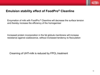 Emulsion stability effect of FoodPro® Cleanline 
Enzymation of milk with FoodPro ® Cleanline will decrease the surface tension and thereby increase the efficiency of the homogeniser Increased protein incorporation in the fat globule membrane will increase resistance against coalescence, without increased tendency to flocculation 
14 
Creaming of UHT-milk is reduced by FPCL treatment  