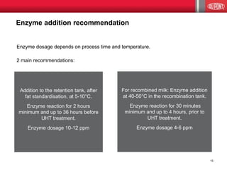 15 
Enzyme addition recommendation 
Enzyme dosage depends on process time and temperature. 
2 main recommendations: 
Addition to the retention tank, after fat standardisation, at 5-10°C. Enzyme reaction for 2 hours minimum and up to 36 hours before UHT treatment. Enzyme dosage 10-12 ppm 
For recombined milk: Enzyme addition at 40-50°C in the recombination tank. 
Enzyme reaction for 30 minutes minimum and up to 4 hours, prior to UHT treatment. 
Enzyme dosage 4-6 ppm 
 