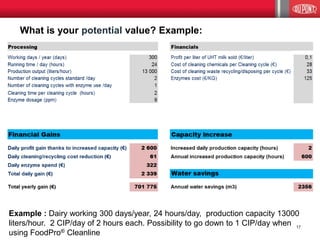 What is your potential value? Example: 
Example : Dairy working 300 days/year, 24 hours/day, production capacity 13000 liters/hour. 2 CIP/day of 2 hours each. Possibility to go down to 1 CIP/day when using FoodPro® Cleanline 
17  