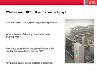 What is your UHT unit performance today? 
How often is the UHT system being cleaned per day? What is the cost of cleaning chemical for each cleaning cycle? How many hours/tons of production capacity is lost per day due to production stop for CIP? Any product quality issues like taste or creaming? 
3  