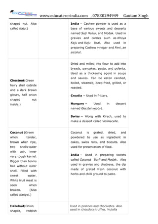 www.educatererindia.com , 07830294949 Gautam Singh
shaped nut. Also
called Kaju.)
India − Cashew powder is used as a
base of various sweets and desserts
named Suji Halua, and Modak. Used in
gravies and curries such as Khoya
Kaju and Kaju Usal. Also used in
preparing Cashew vinegar and Feni, an
alcohol.
Chestnut(Green
hairy shell outside
and a dark brown
glossy, half onion
shaped nut
inside.)
Dried and milled into flour to add into
breads, pancakes, pasta, and polenta.
Used as a thickening agent in soups
and sauces. Can be eaten candied,
boiled, steamed, deep-fried, grilled, or
roasted.
Croatia − Used in fritters.
Hungary − Used in dessert
named Gesztenyepüré.
Swiss − Along with Kirsch, used to
make a dessert called Vermecelle.
Coconut (Green
when tender,
brown when ripe,
two shells-outer
with coir, inner
very tough kernel.
Bigger than tennis
ball without outer
shell. Filled with
sweet water.
White fruit meat is
seen when
broken. (Also
called Nariyal.)
Coconut is grated, dried, and
powdered to use as ingredient in
cakes, swiss rolls, and biscuits. Also
used for presentation of food.
India − Used in preparing sweets
called Coconut Burfi and Modak. Also
used in gravies and chutneys, the dip
made of grated fresh coconut with
herbs and chilli ground to paste.
Hazelnut(Onion
shaped, reddish
Used in pralines and chocolates. Also
used in chocolate truffles, Nutella
 