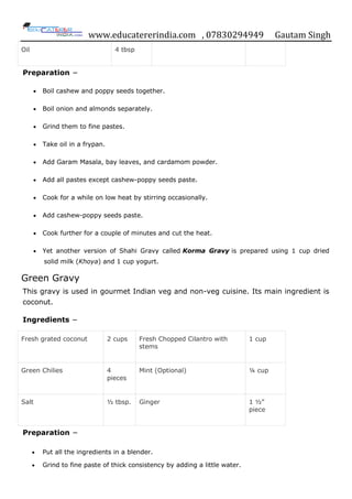www.educatererindia.com , 07830294949 Gautam Singh
Oil 4 tbsp
Preparation −
 Boil cashew and poppy seeds together.
 Boil onion and almonds separately.
 Grind them to fine pastes.
 Take oil in a frypan.
 Add Garam Masala, bay leaves, and cardamom powder.
 Add all pastes except cashew-poppy seeds paste.
 Cook for a while on low heat by stirring occasionally.
 Add cashew-poppy seeds paste.
 Cook further for a couple of minutes and cut the heat.
 Yet another version of Shahi Gravy called Korma Gravy is prepared using 1 cup dried
solid milk (Khoya) and 1 cup yogurt.
Green Gravy
This gravy is used in gourmet Indian veg and non-veg cuisine. Its main ingredient is
coconut.
Ingredients −
Fresh grated coconut 2 cups Fresh Chopped Cilantro with
stems
1 cup
Green Chilies 4
pieces
Mint (Optional) ¼ cup
Salt ½ tbsp. Ginger 1 ½”
piece
Preparation −
 Put all the ingredients in a blender.
 Grind to fine paste of thick consistency by adding a little water.
 