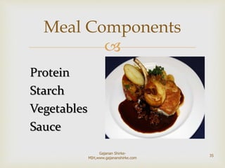 
Protein
Starch
Vegetables
Sauce
Meal Components
35
Gajanan Shirke-
MIH,www.gajananshirke.com
 