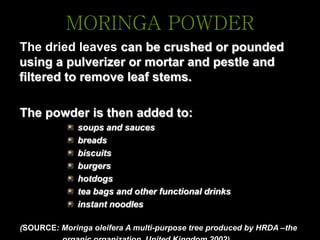 The dried leaves can be crushed or pounded
using a pulverizer or mortar and pestle and
filtered to remove leaf stems.
The powder is then added to:
soups and sauces
breads
biscuits
burgers
hotdogs
tea bags and other functional drinks
instant noodles
(SOURCE: Moringa oleifera A multi-purpose tree produced by HRDA –the
MORINGA POWDER
 
