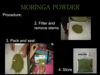MORINGA POWDER
Procedure:
4. Store
3. Pack and seal
2. Filter and
remove stems
 