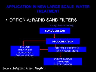 APPLICATION IN NEW LARGE SCALE WATER
TREATMENT
• OPTION A: RAPID SAND FILTERS
Coagulant Dosing
COAGULATION
FLOCCULATION
DIRECT FILTRATION
Rapid sand Filters
DISINFECTION
STORAGE
DISTRIBUTION
SLUDGE
TREATMENT
Bio-compost
Soil conditioner
Source: Suleyman Aremu Muyibi
 