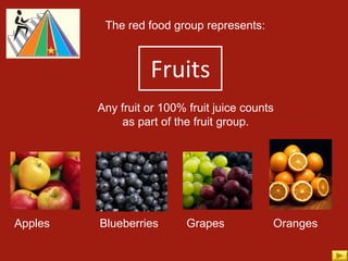 Fruits The red food group represents: Any fruit or 100% fruit juice counts as part of the fruit group. Apples Blueberries Grapes Oranges 