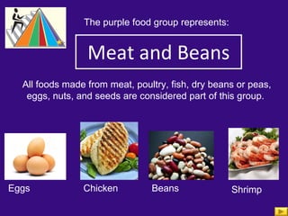 Meat and Beans The purple food group represents: All foods made from meat, poultry, fish, dry beans or peas, eggs, nuts, and seeds are considered part of this group.  Eggs Chicken Beans Shrimp 