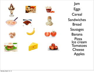Jam
Cereal
Bread
Sandwiches
Eggs
Cheese
Tomatoes
Apples
Pizza
Sausages
Ice cream
Banana
Monday, March 10, 14
 