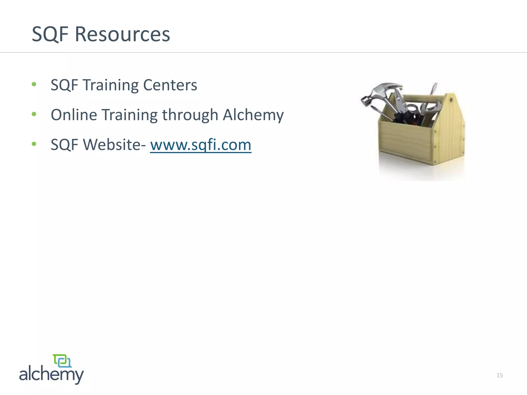 SQF Resources
• SQF Training Centers
• Online Training through Alchemy
• SQF Website- www.sqfi.com
15
 