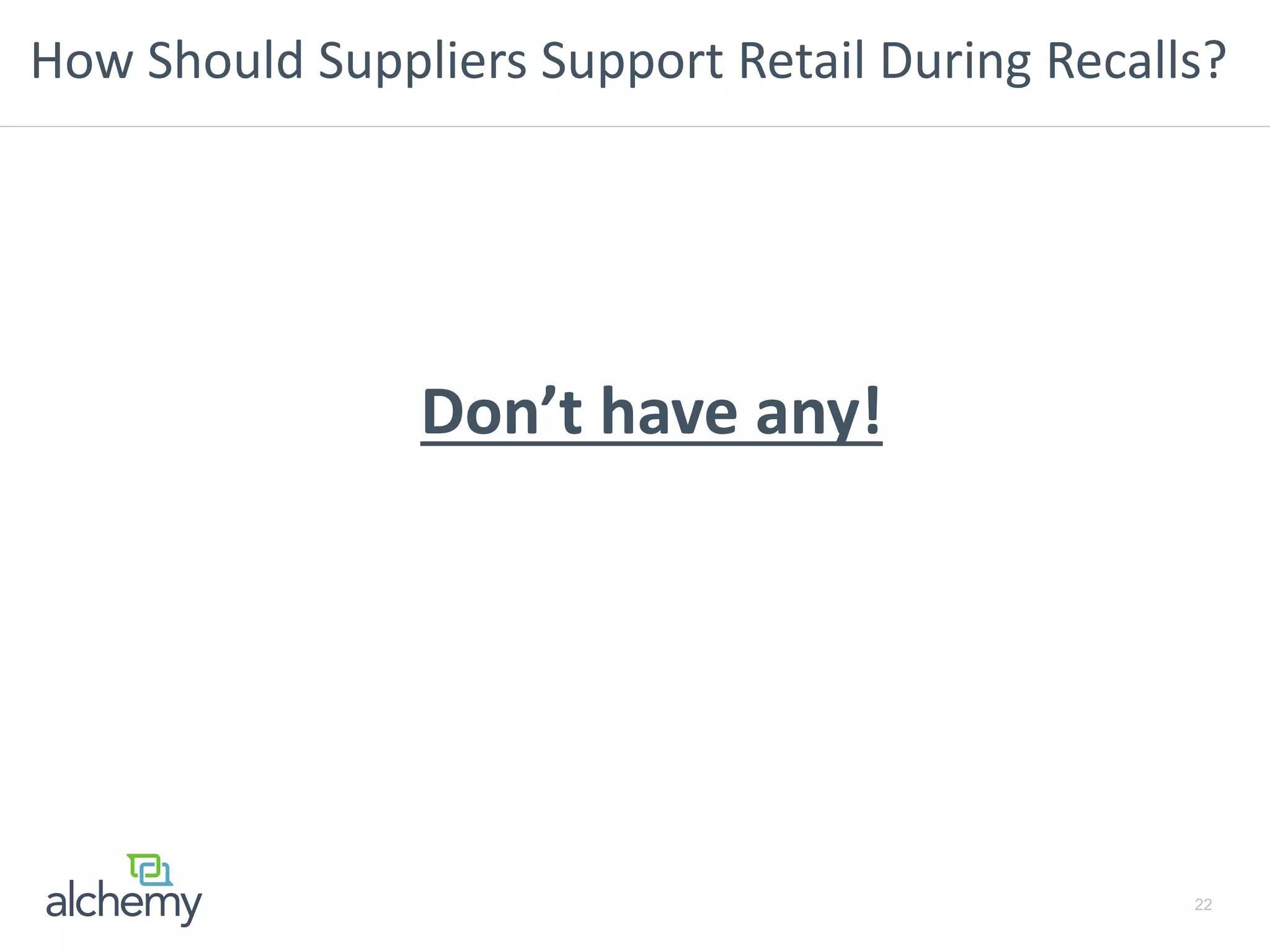 How Should Suppliers Support Retail During Recalls?
22
Don’t have any!
 