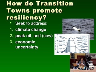 How do Transition
Towns promote
resiliency?
 Seek to address:
1. climate change
2. peak oil, and (now)
3. economic
   uncertainty
 