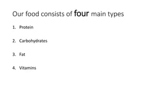 Our food consists of four main types
1. Protein
2. Carbohydrates
3. Fat
4. Vitamins
 