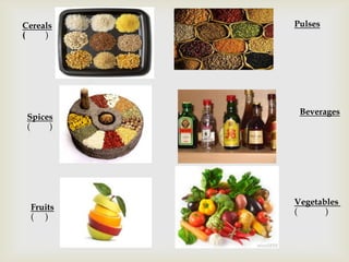 Cereals
(
)

Spices
(
)

Fruits
( )

Pulses

Beverages

Vegetables
(
)

 