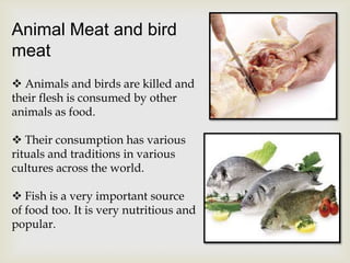 Animal Meat and bird
meat
 Animals and birds are killed and
their flesh is consumed by other
animals as food.
 Their consumption has various
rituals and traditions in various
cultures across the world.
 Fish is a very important source
of food too. It is very nutritious and
popular.

 