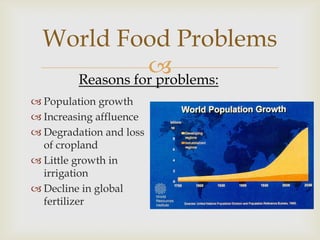 World Food Problems

Reasons for problems:
 Population growth
 Increasing affluence
 Degradation and loss
of cropland
 Little growth in
irrigation
 Decline in global
fertilizer

 