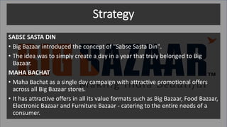 Strategy
SABSE SASTA DIN
• Big Bazaar introduced the concept of "Sabse Sasta Din".
• The idea was to simply create a day in a year that truly belonged to Big
Bazaar.
MAHA BACHAT
• Maha Bachat as a single day campaign with attractive promotional offers
across all Big Bazaar stores.
• It has attractive offers in all its value formats such as Big Bazaar, Food Bazaar,
Electronic Bazaar and Furniture Bazaar - catering to the entire needs of a
consumer.
 