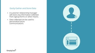 Easily Gather and Store Data
• A customer relationship manager
will store any information collected
from signup forms or other means.
• Data collected can be used to
personalize future
communications.
 