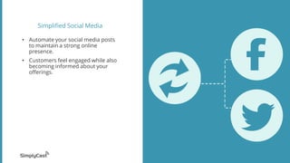 Simplified Social Media
• Automate your social media posts
to maintain a strong online
presence.
• Customers feel engaged while also
becoming informed about your
offerings.
 