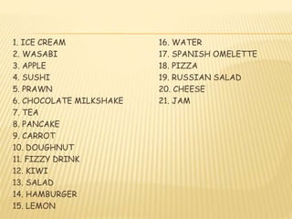 1. ICE CREAM 16. WATER
2. WASABI 17. SPANISH OMELETTE
3. APPLE 18. PIZZA
4. SUSHI 19. RUSSIAN SALAD
5. PRAWN 20. CHEESE
6. CHOCOLATE MILKSHAKE 21. JAM
7. TEA
8. PANCAKE
9. CARROT
10. DOUGHNUT
11. FIZZY DRINK
12. KIWI
13. SALAD
14. HAMBURGER
15. LEMON
 