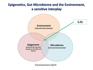 Environment
External environmental
Epigenome
Record of the chemical
changes to the DNA and
histone
Microbiome
Internal environmental
Life
Consciousness-Spirit
Epigenetics, Gut Microbiome and the Environment,
a sensitive interplay
 