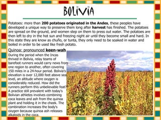 Potatoes: more than  200 potatoes originated in the Andes , these peoples have developed a unique way to preserve them long after  harvest  has finished. The potatoes are spread on the ground, and women step on them to press out water. The potatoes are then left to dry in the hot sun and freezing night air until they become small and hard. In this state they are know as chu ñ o, or tunta, they only need to be soaked in water and boiled in order to be used like fresh potato. Quinoa: pronounced  keen-wah During the period when the Incas thrived in Bolivia, relay teams of barefoot runners would carry news from one region to another, often covering 150 miles in a 24-hour period. Bolivia's elevation is over 12,000 feet above sea level, an altitude where oxygen is considerably reduced. How did the runners perform this unbelievable feat? A practice still prevalent with today's Bolivian athletes involves combining coca leaves and ash from the quinoa plant and holding it in the cheek. The combination increases the body's oxygen because quinoa ash releases alkaloids in the coca. 