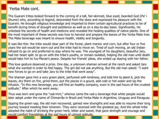 The Guarani tribes looked forward to the coming of a tall, fair-skinned, blue eyed, bearded God (Pa' i Shume) who, according to legend, descended from the skies and expressed his pleasure with the Guarani. He brought religious knowledge and imparted to them certain agricultural practices to be of benefit during times of drought and pestilence as well as on a day-to-day basis. Significantly, He unlocked the secrets of health and medicine and revealed the healing qualities of native plants. One of the most important of these secrets was how to harvest and prepare the leaves of the Yerba Mate tree. The Mate beverage was meant to ensure health, vitality and longevity.  It was like this: the tribe would clear part of the forest, plant manioc and corn, but after four or five years the soil would be worn out and the tribe had to move on. Tired of such moving, an old Indian refused to go on and preferred to stay where he was. The youngest of his daughters, beautiful Jary, had her heart split: to go on with the tribe's youths, or remain isolated, helping the old man until death would take him to Ivy-Marae's peace. Despite her friends' pleas, she ended up staying with her father.  This love gesture deserved a prize. One day, a unknown shaman arrived at the ranch and asked Jary what she wanted in order to feel happy. The girl did not ask anything. But the old man asked: "I want new forces to go on and take Jary to the tribe that went away".  The shaman gave him a very green plant, perfumed with kindness, and told him to plant it, pick the leaves, dry them on fire, grind them, put the pieces in a gourd, add cold or hot water and sip the infusion. "In this new beverage, you will find an healthy company, even in the sad hours of the cruelest solitude." After which he went away.  Thus was born and grew the "caá-mini," whence came the caá-y beverage that white people would later adopt under the name of Chimarrão in Brazil and Yerba Mate in Argentina, Uruguay and Paraguay.  Sipping the green sap, the old man recovered, gained new strengths and was able to resume their long journey toward meeting their kinsmen. They were received with the greatest joy. And the whole tribe adopted the habit of drinking the green herb, bitter and sweet, that gave strength and courage and would comfort friendships at the sad hours of utmost solitude.  Yerba Mate cont. 