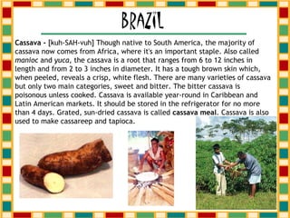 Cassava -  [kuh-SAH-vuh] Though native to South America, the majority of cassava now comes from Africa, where it's an important staple. Also called  manioc  and  yuca , the cassava is a root that ranges from 6 to 12 inches in length and from 2 to 3 inches in diameter. It has a tough brown skin which, when peeled, reveals a crisp, white flesh. There are many varieties of cassava but only two main categories, sweet and bitter. The bitter cassava is poisonous unless cooked. Cassava is available year-round in Caribbean and Latin American markets. It should be stored in the refrigerator for no more than 4 days. Grated, sun-dried cassava is called  cassava meal . Cassava is also used to make cassareep and tapioca.   