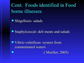 Cont.  Foods identified in Food borne illnesses Shigellosis- salads Staphylcoccal- deli meats and salads Vibrio vulnificus- oysters from contaminated waters ( Moeller, 2005)  