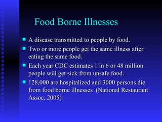 Food Borne Illnesses A disease transmitted to people by food. Two or more people get the same illness after eating the same food. Each year CDC estimates 1 in 6 or 48 million people will get sick from unsafe food. 128,000 are hospitalized and 3000 persons die from food borne illnesses  (National Restaurant Assoc, 2005) 