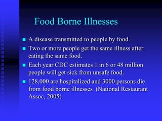 Food Borne Illnesses
 A disease transmitted to people by food.
 Two or more people get the same illness after
eating the same food.
 Each year CDC estimates 1 in 6 or 48 million
people will get sick from unsafe food.
 128,000 are hospitalized and 3000 persons die
from food borne illnesses (National Restaurant
Assoc, 2005)
 