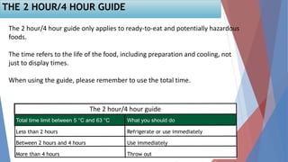 The 2 hour/4 hour guide only applies to ready-to-eat and potentially hazardous
foods.
The time refers to the life of the food, including preparation and cooling, not
just to display times.
When using the guide, please remember to use the total time.
The 2 hour/4 hour guide
Total time limit between 5 °C and 63 °C What you should do
Less than 2 hours Refrigerate or use immediately
Between 2 hours and 4 hours Use immediately
More than 4 hours Throw out
THE 2 HOUR/4 HOUR GUIDE
 