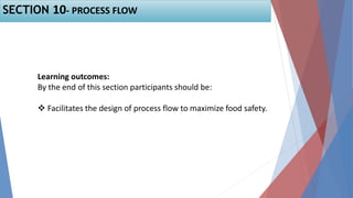 SECTION 10- PROCESS FLOW
Learning outcomes:
By the end of this section participants should be:
 Facilitates the design of process flow to maximize food safety.
 