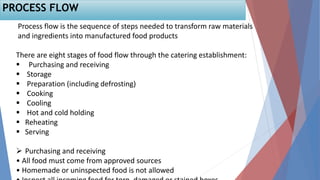 PROCESS FLOW
Process flow is the sequence of steps needed to transform raw materials
and ingredients into manufactured food products
There are eight stages of food flow through the catering establishment:
 Purchasing and receiving
 Storage
 Preparation (including defrosting)
 Cooking
 Cooling
 Hot and cold holding
 Reheating
 Serving
 Purchasing and receiving
• All food must come from approved sources
• Homemade or uninspected food is not allowed
 