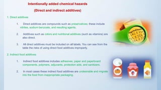 Intentionally added chemical hazards
(Direct and indirect additives)
1. Direct additives
1. Direct additives are compounds...