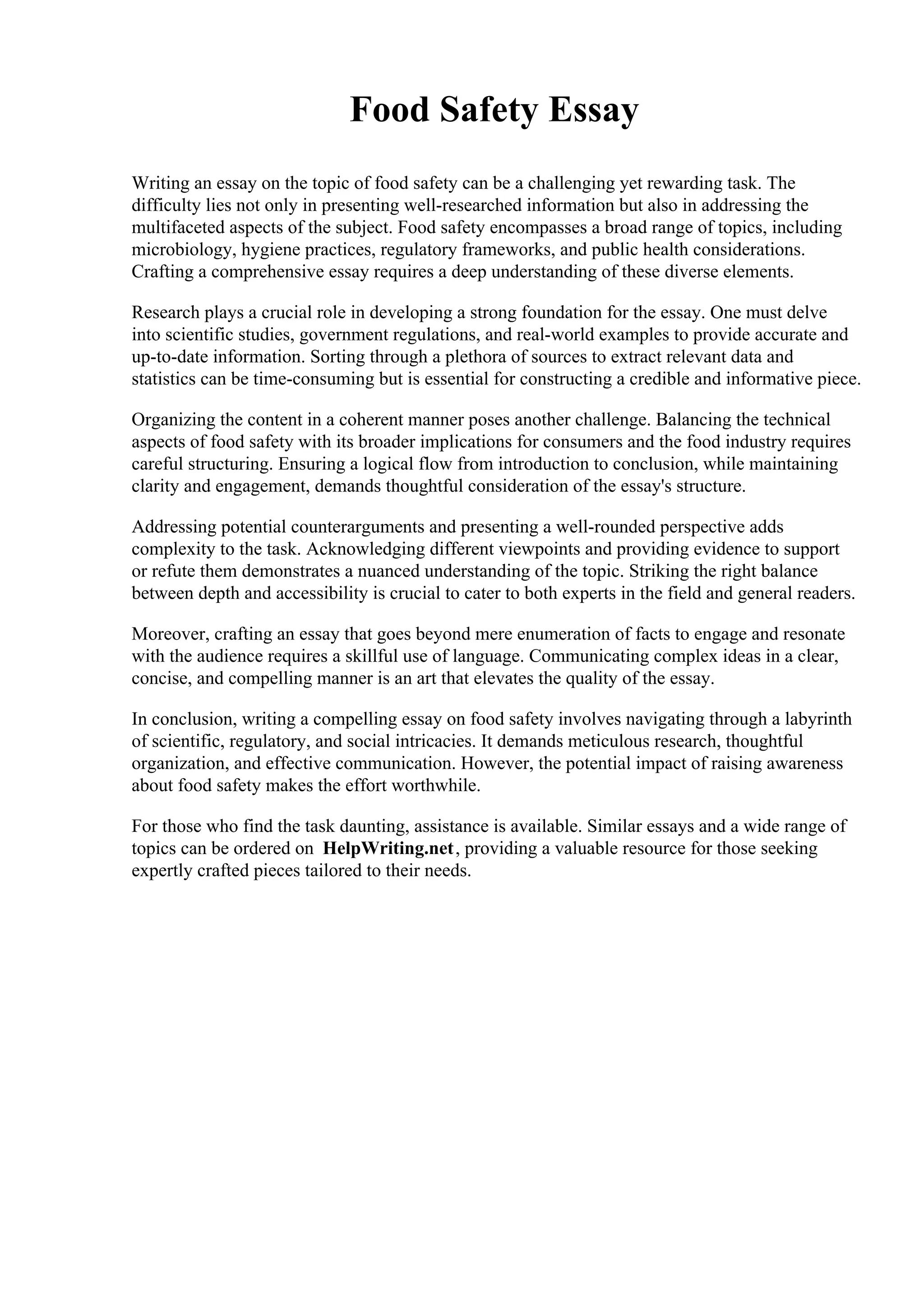 Food Safety Essay. Tennessee College of Applied Technology Crossville PDF