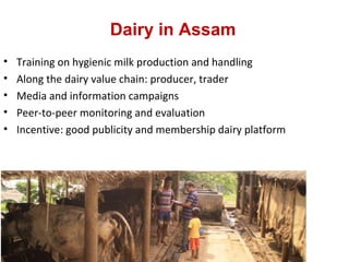 Dairy in Assam
• Training on hygienic milk production and handling
• Along the dairy value chain: producer, trader
• Media and information campaigns
• Peer-to-peer monitoring and evaluation
• Incentive: good publicity and membership dairy platform
26
 
