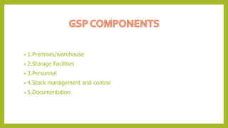 • 1.Premises/warehouse
• 2.Storage Facilities
• 3.Personnel
• 4.Stock management and control
• 5.Documentation
 